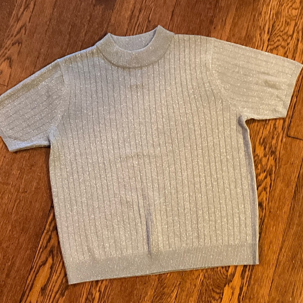 Sag Harbor Silver Metallic Crewneck Short Sleeve Sweater Size Small